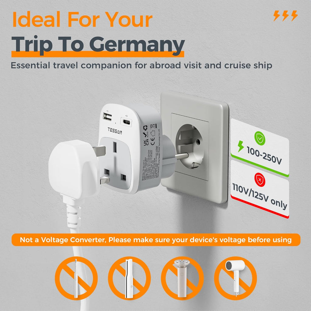 UK to European Plug Adapter, Type E F EU Travel Adapter with USB C