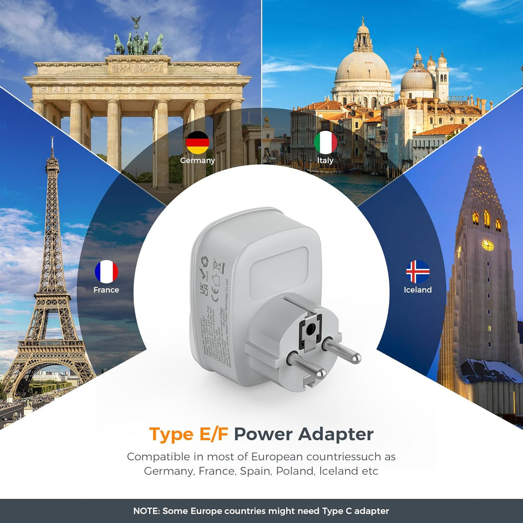 UK to European Plug Adapter, Type E F EU Travel Adapter with USB C