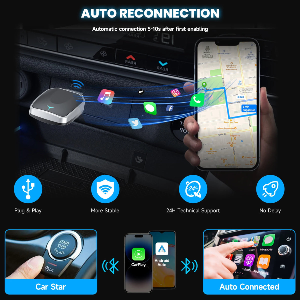 2-In-1 Wired to Wireless Carplay Adapter & Android Auto Wireless Adapter Plug & Play