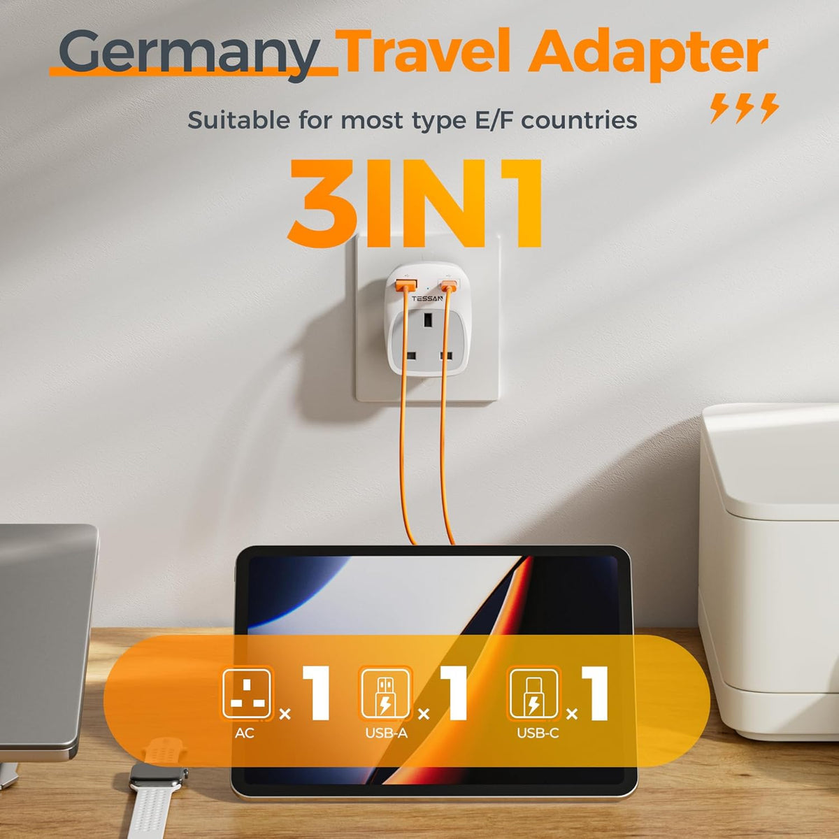 UK to European Plug Adapter, Type E F EU Travel Adapter with USB C