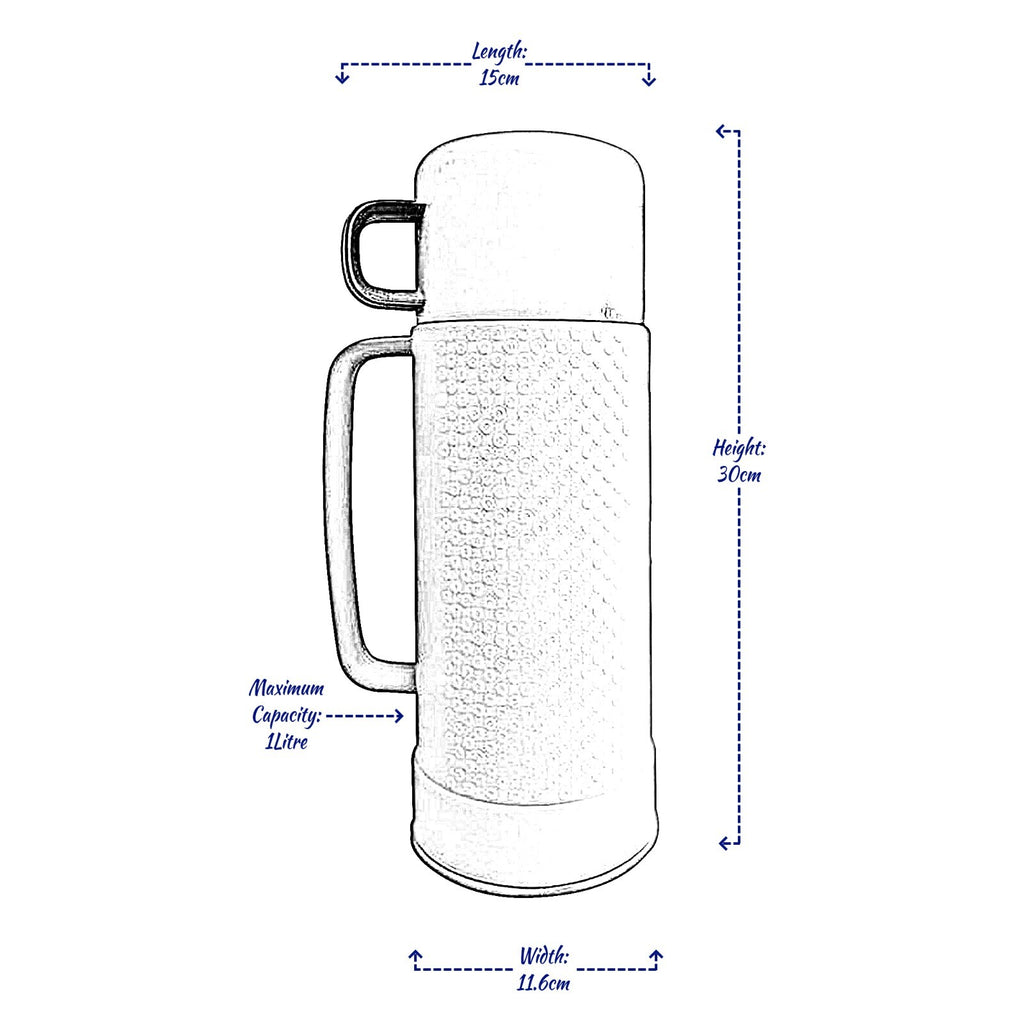 1L Flask Glass Vacuum Insulated Tea Coffee Hot Drinks Cup Lid Outdoor Travel