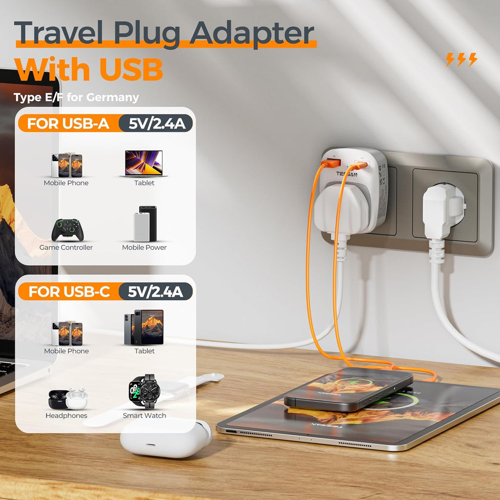 UK to European Plug Adapter, Type E F EU Travel Adapter with USB C