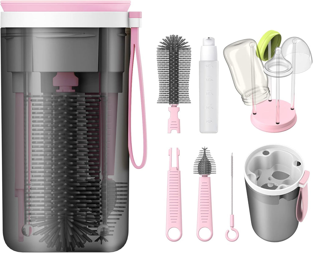 Travel Baby Bottle Brush Set with Portable Silicone Bottle Brush, Nipple Cleaner Brush, Straw Brush, Soap Dispenser and Bottle Drying Rack, Pink