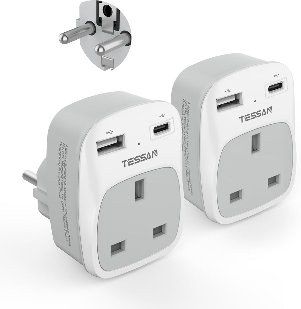 UK to European Plug Adapter, Type E F EU Travel Adapter with USB C