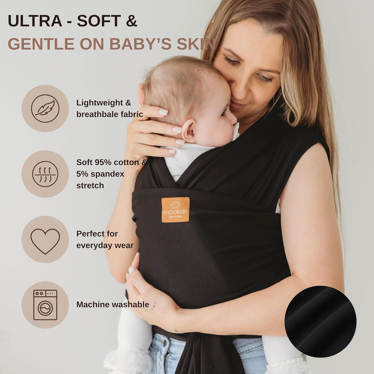 Baby Sling Carrier & Stretchy Baby Wrap - Newborn Baby Carrier 3.2–15 Kg, Soft Cotton Hands-Free Babywearing Sling, Hip Healthy, One Size XXS–XXXL - Black